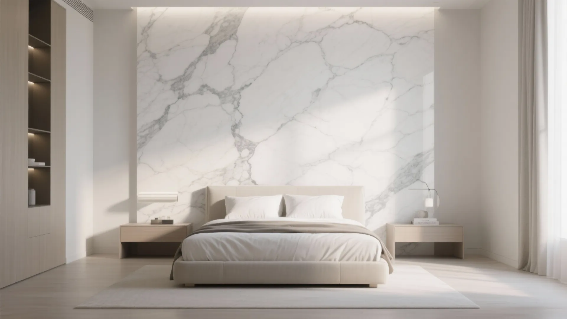 Modern bedroom with a large white marble wall panel behind a bed and side tables