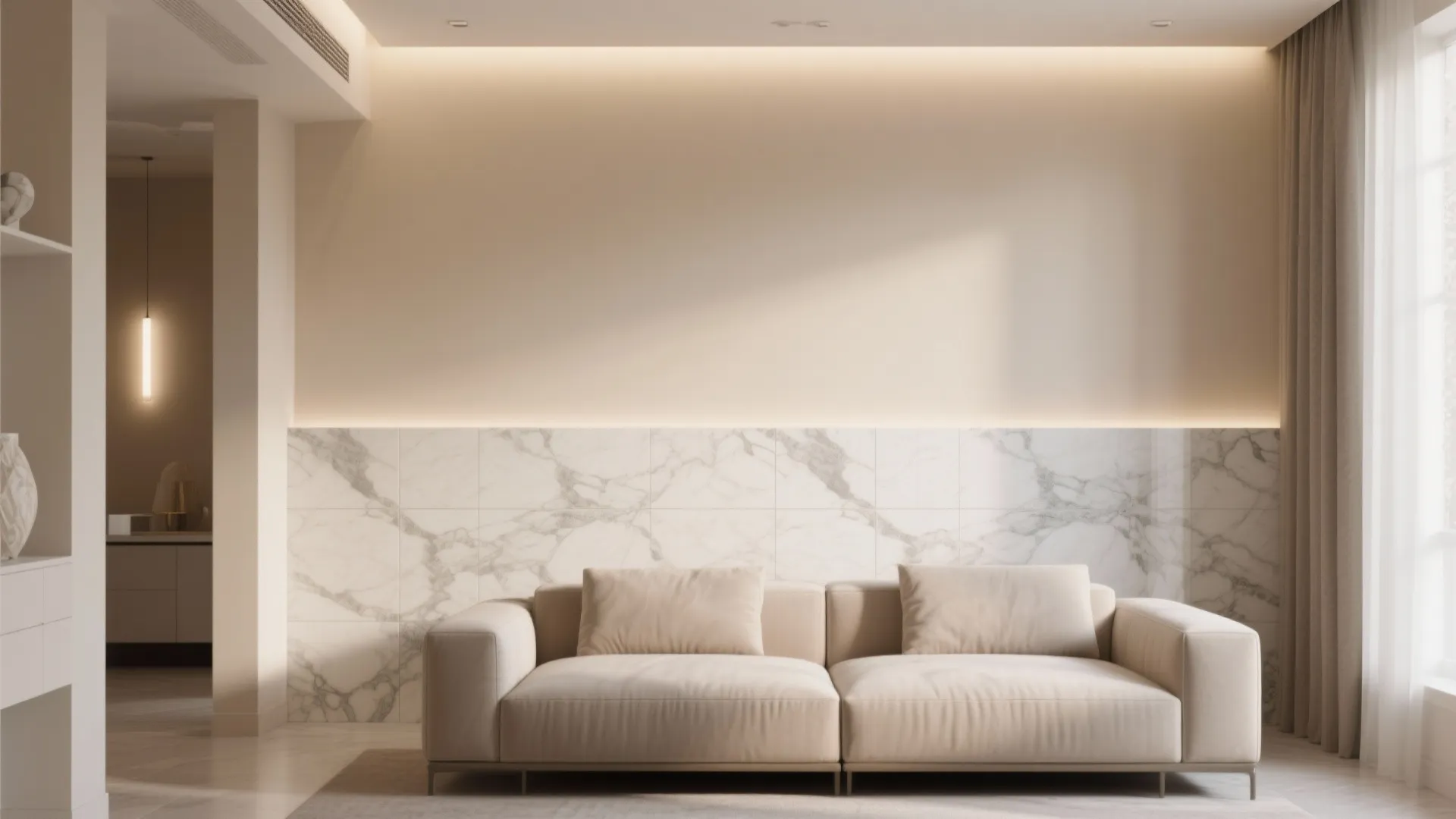 Minimalist living room with beige sofa white marble wall panel and warm hidden ceiling lights