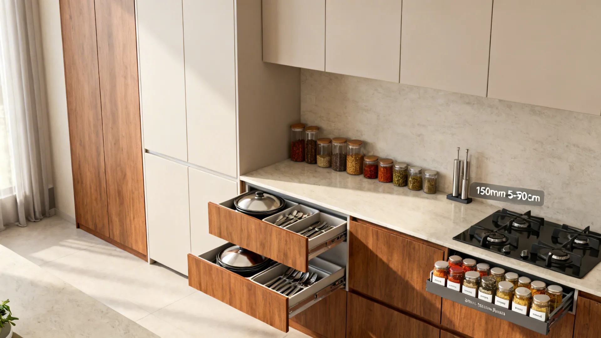 Minimalist Indian kitchen storage with tall pantry, deep drawers, and a slim spice pull-out near the hob.