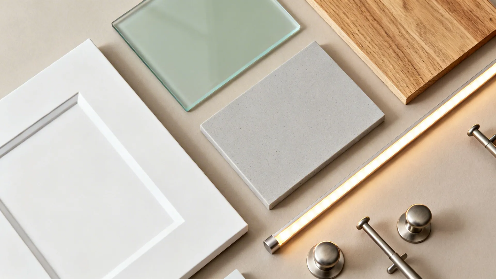 Interior design materials including white cabinet door wood board glass stone sample and metal handles