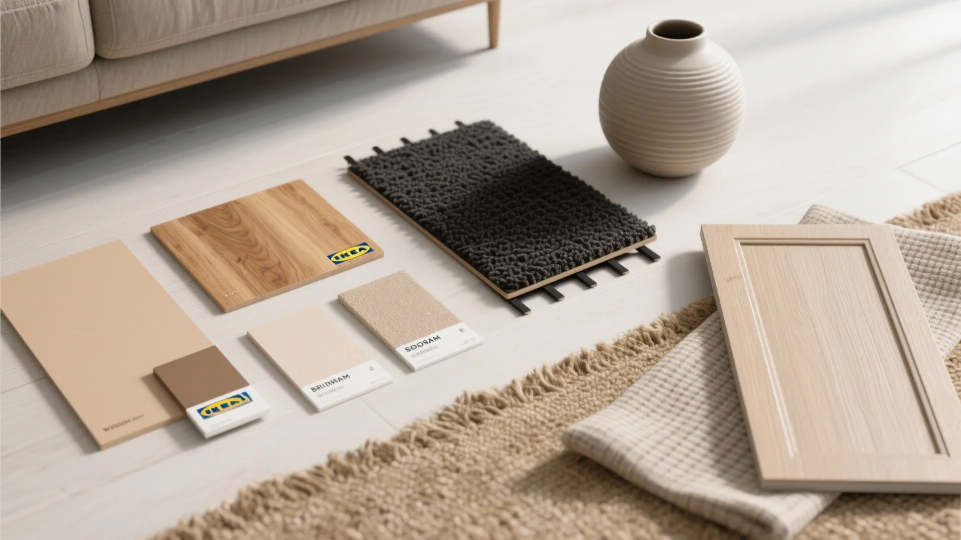 Selection of interior design materials including wood floor samples carpet fabric and a round vase
