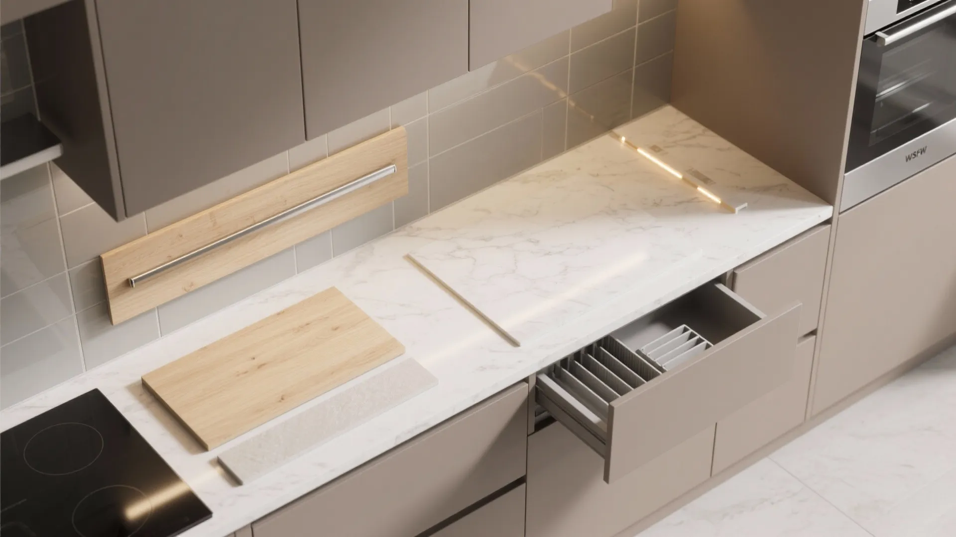 Interior design drawing showing marble countertop with wood board open drawer and grey kitchen cabinets