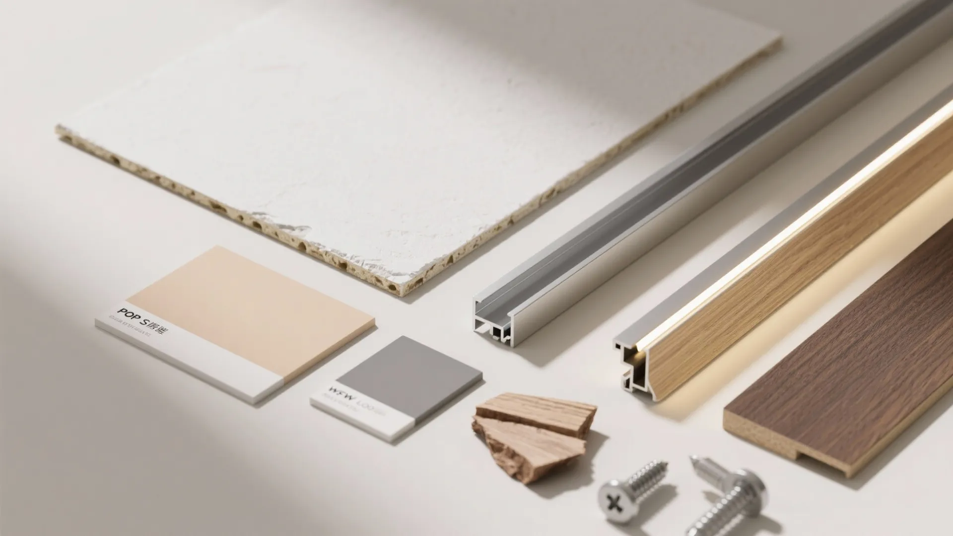 Collection of interior design materials including wood samples color swatches metal trim and small screws
