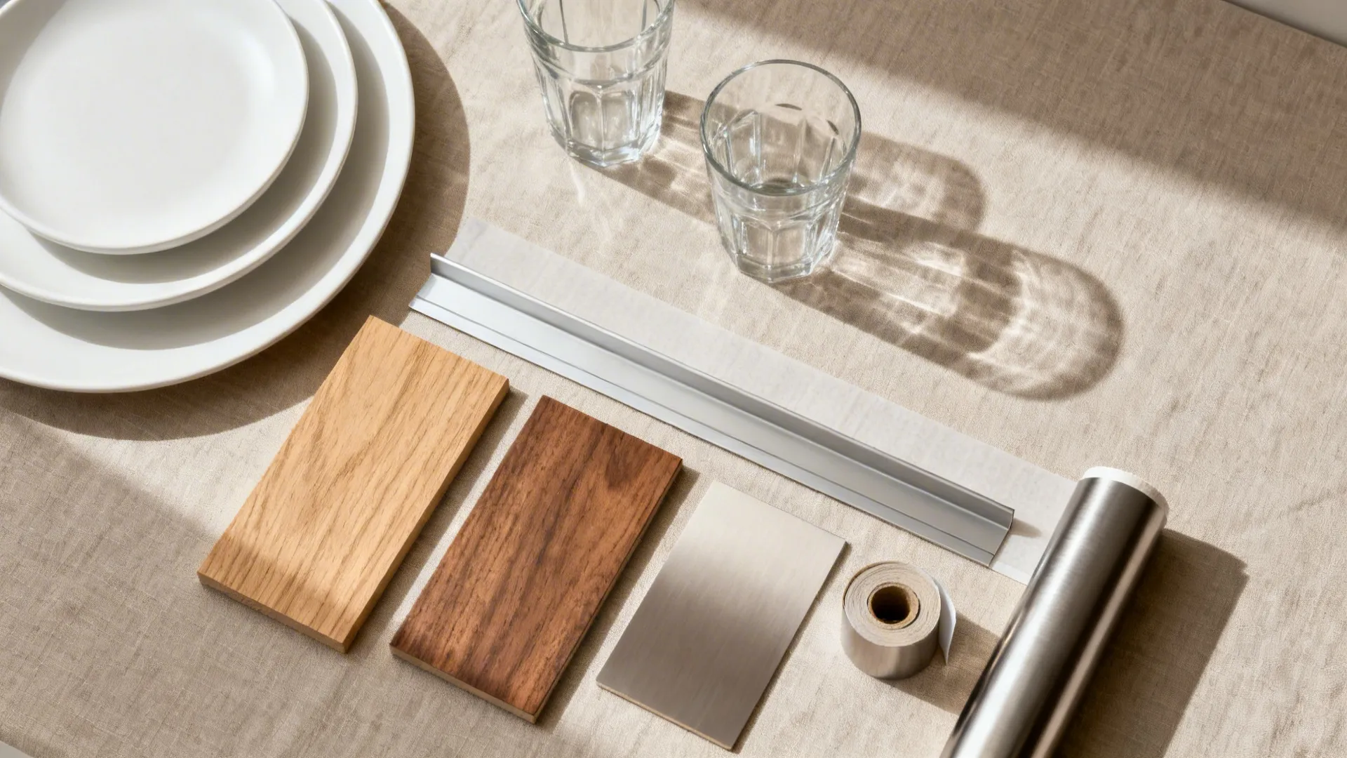 Flat lay of white ceramics, clear glass, oak and walnut samples, nickel, and shelf liner.