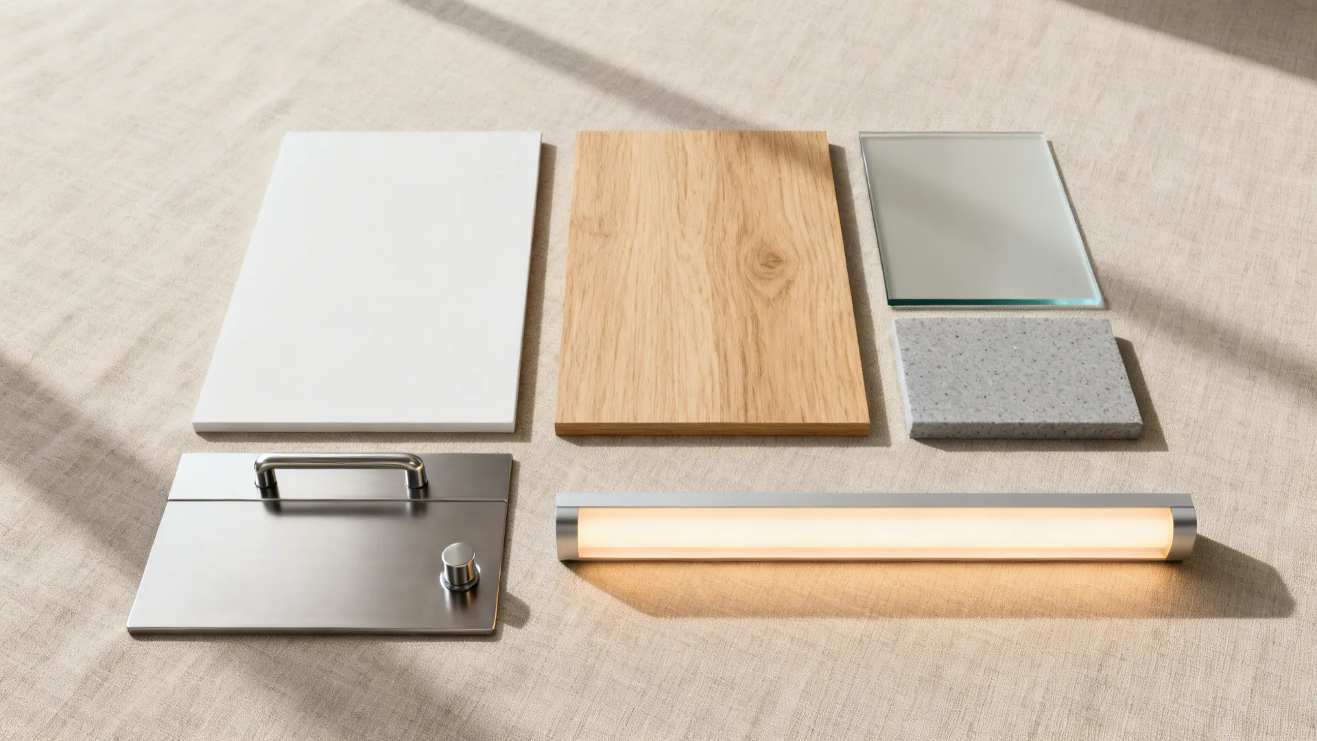 Material flat lay with matte off-white panel, light oak, glass, quartz, and stainless hardware.