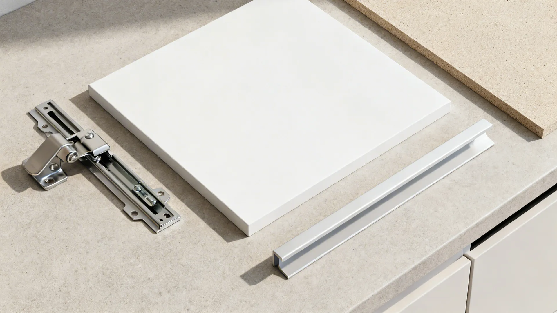 Flat lay of matte white melamine, soft-close hardware, integrated pulls, and laminate counter sample.