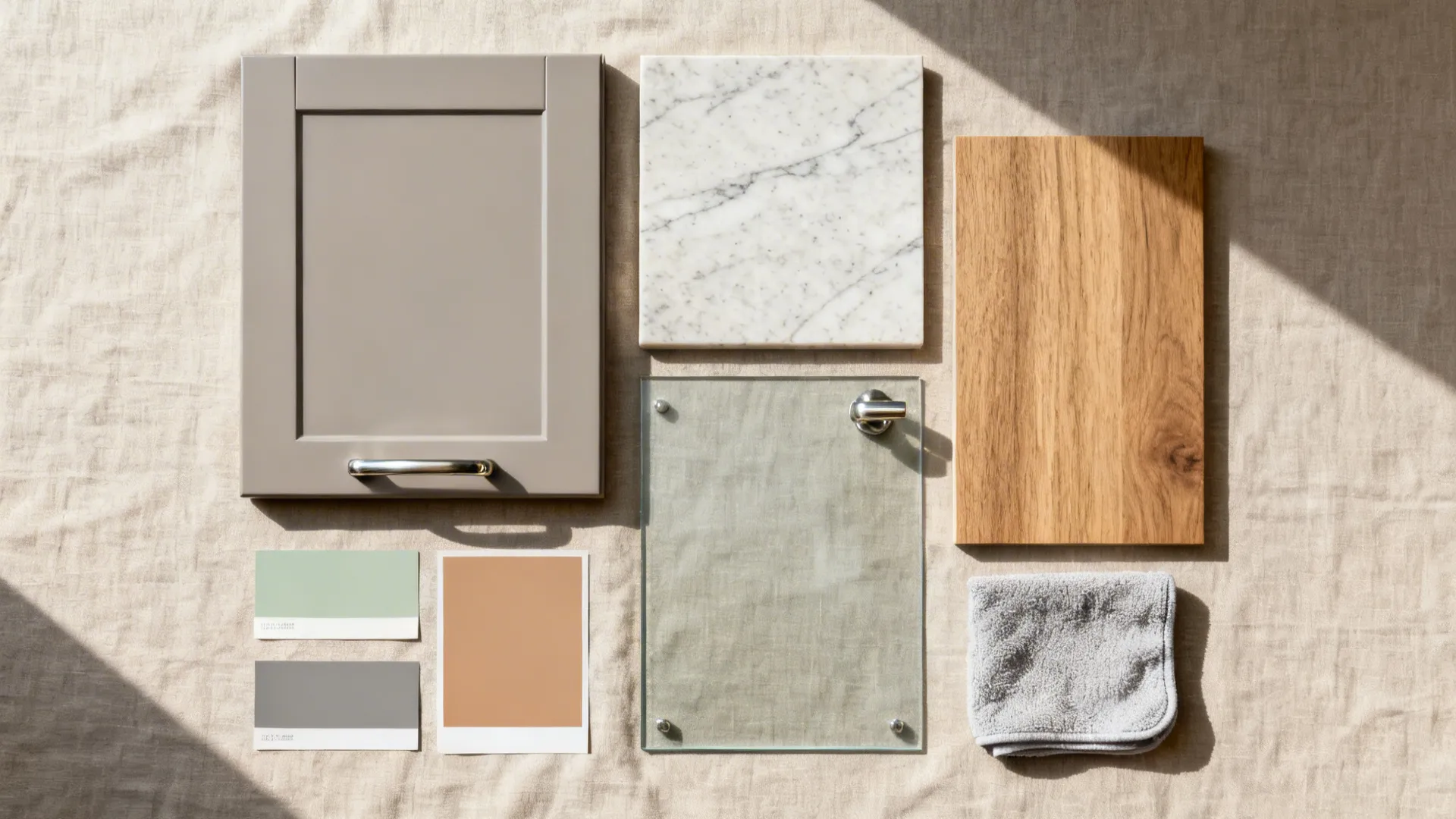 Flat lay of cabinet, wood laminate, quartz, tempered glass, and hardware samples in neutral tones.