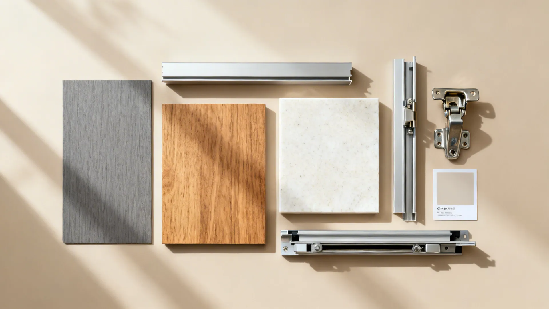 Flatlay of matte laminates, oak texture, quartz, G-profile, and soft-close hardware.
