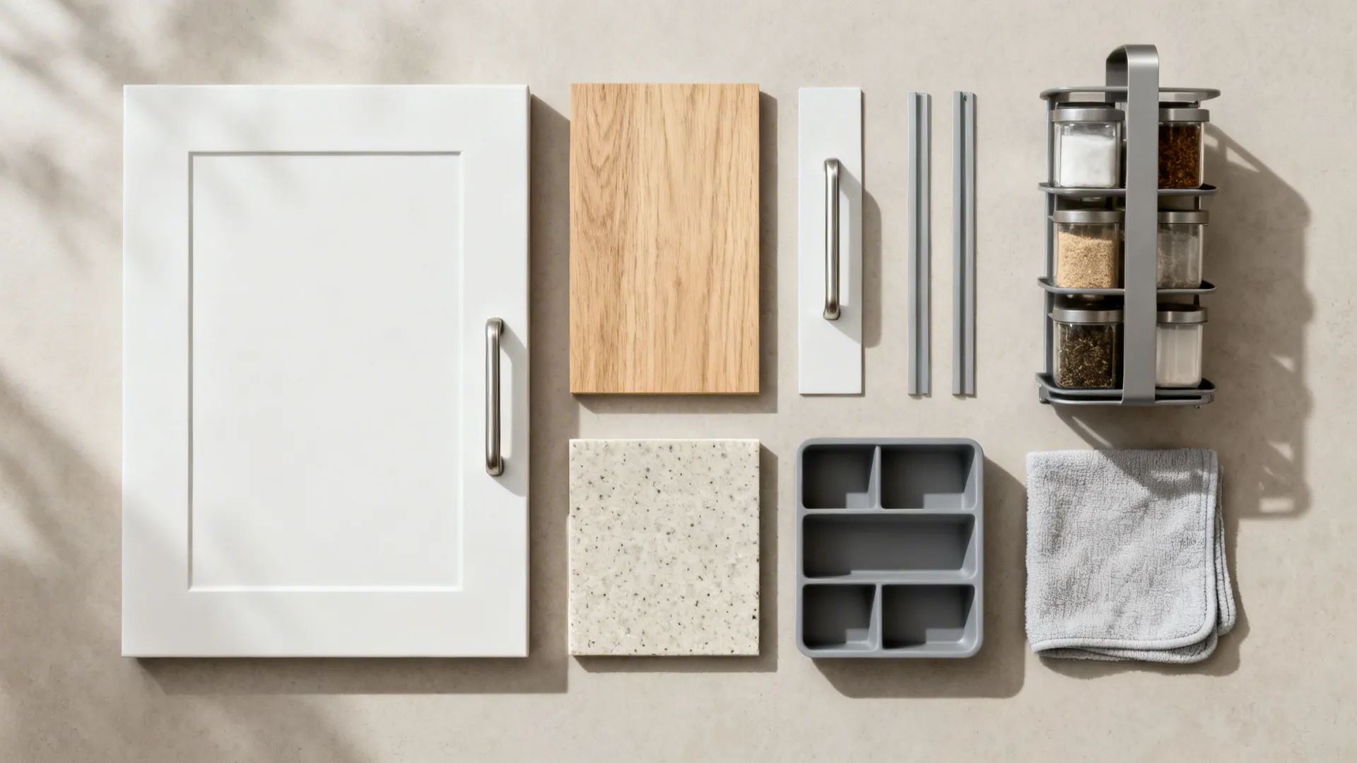 Flat-lay of minimalist kitchen materials with matte white, light oak, quartz, and organizer hardware.