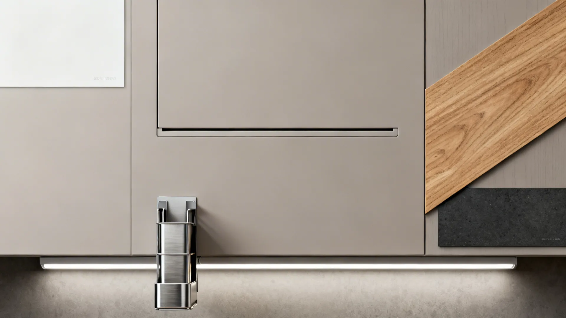 Flat lay of matte gray cabinet front, oak veneer, stainless organizer, and LED strip.
