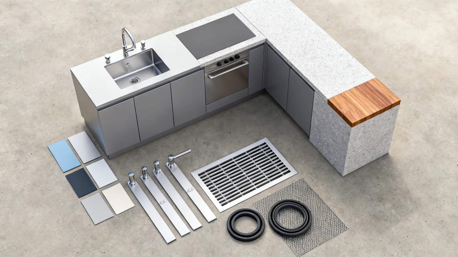 Material flat lay with aluminum finishes, stainless hardware, sintered stone, and warm wood accent for a minimalist L kitchen.