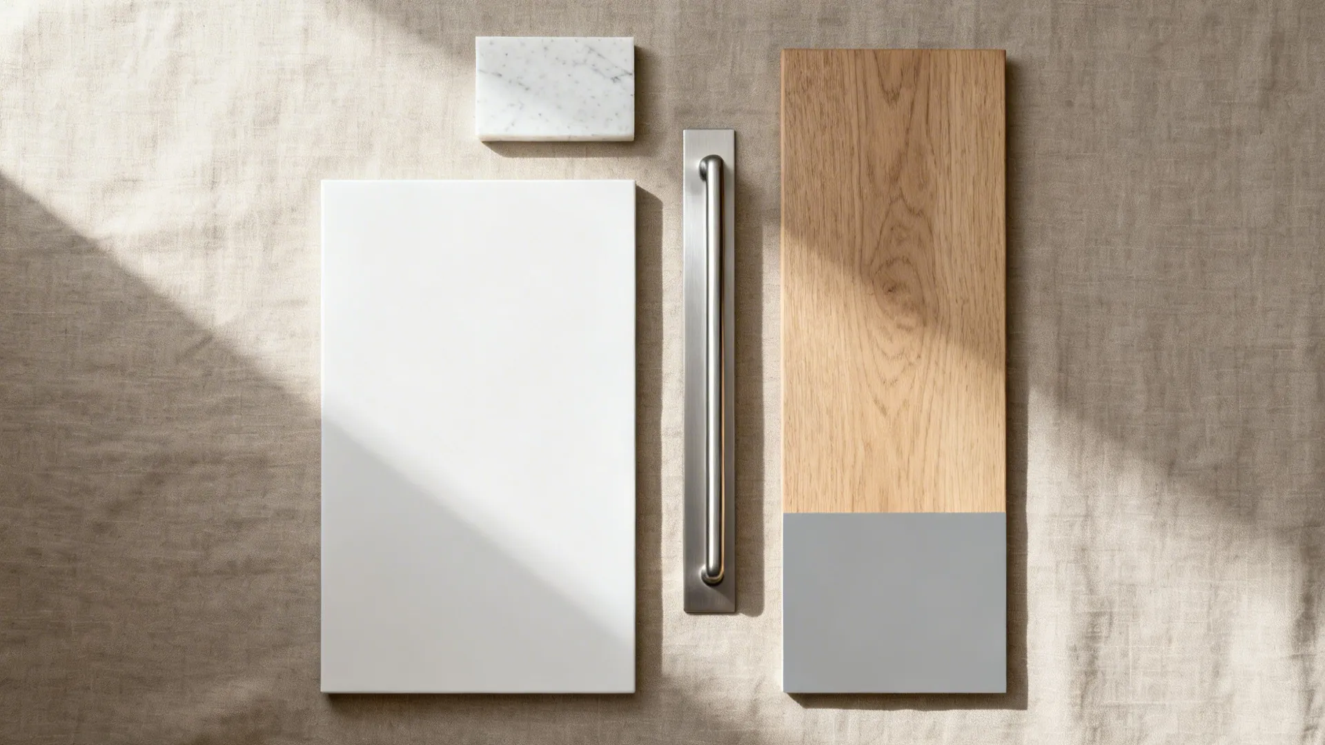 Flat lay of matte white laminate, quartz, aluminum pull, oak plank, and gray paint swatch.