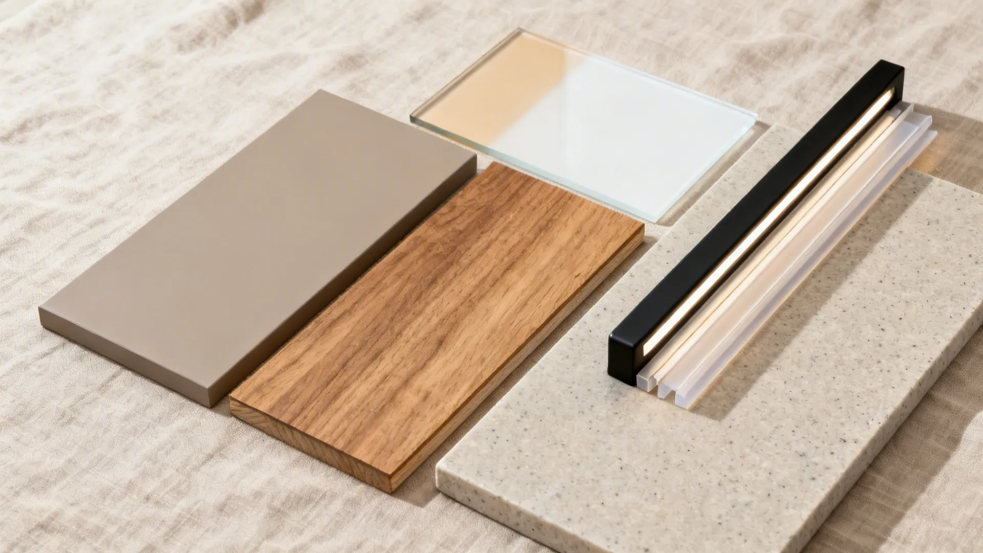 Flat lay of warm gray cabinet lacquer, oak veneer, light quartz, and glass backsplash samples.