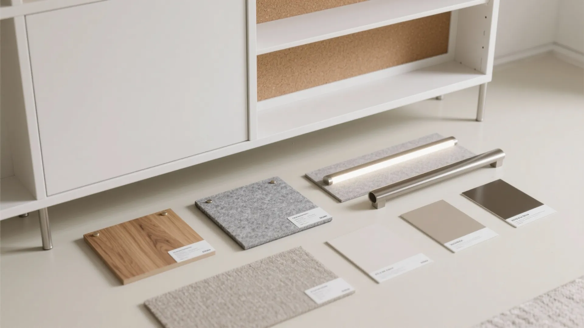 Flat lay of interior design materials including wood samples grey felt fabric and metal handles