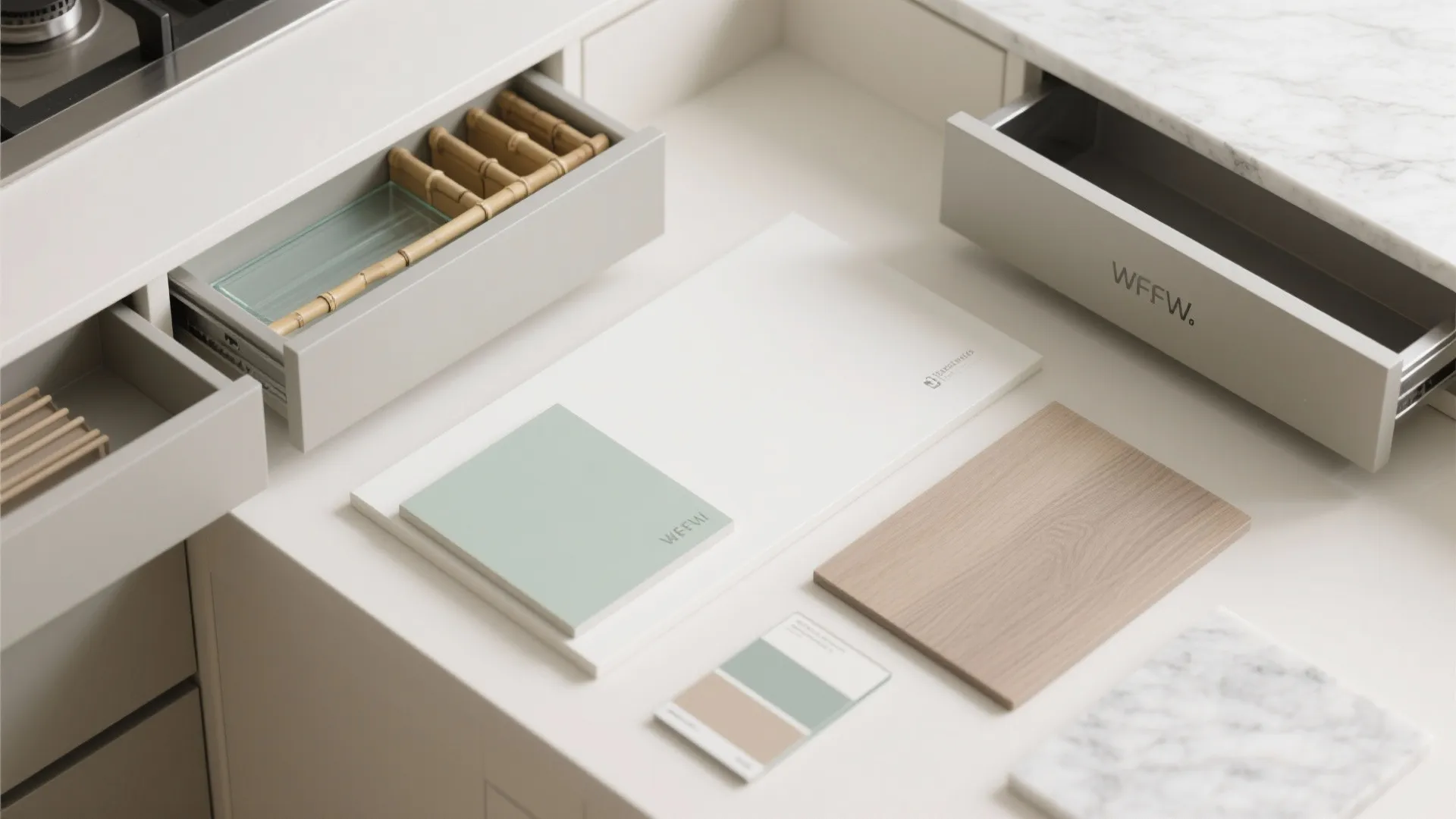 Flatlay of matte laminates, ash veneer, quartz, glass chip, and drawer hardware for minimalist kitchens.