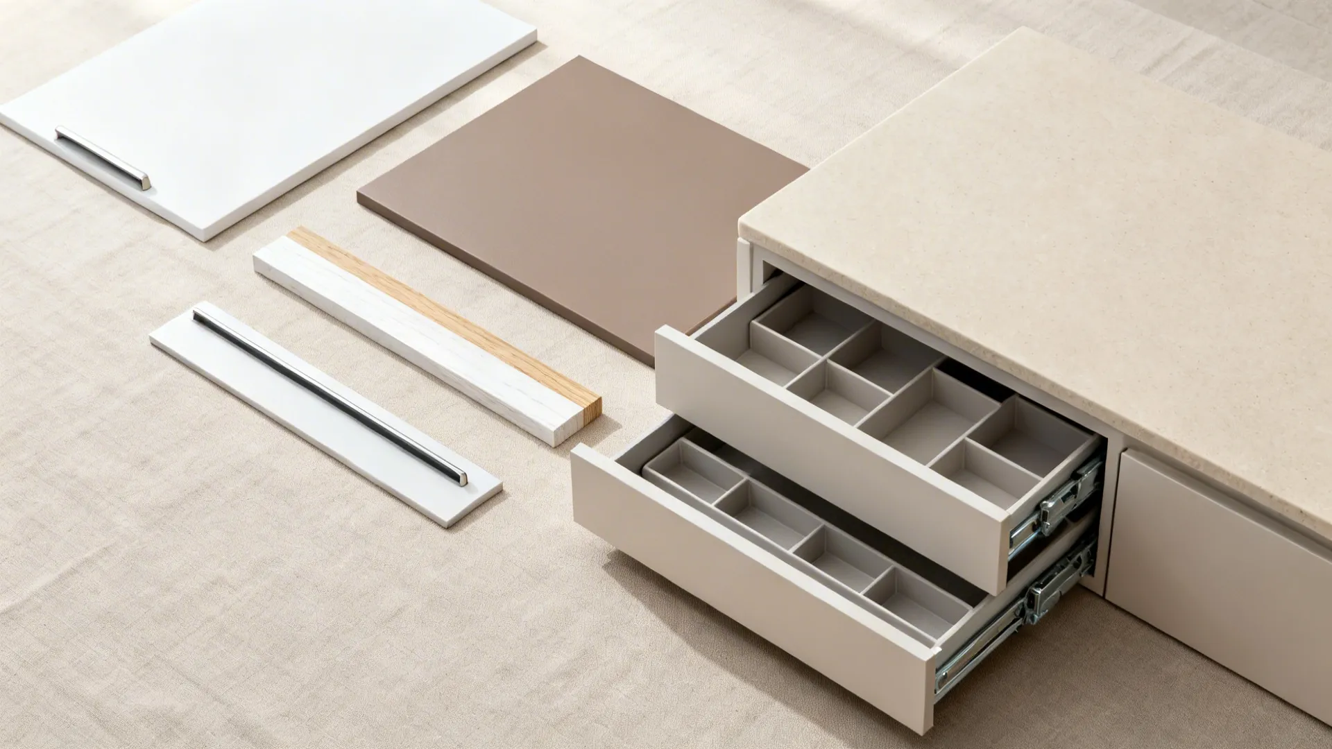 Top-down flat lay of matte cabinet swatches, oak veneer, quartz, and minimalist storage fittings.