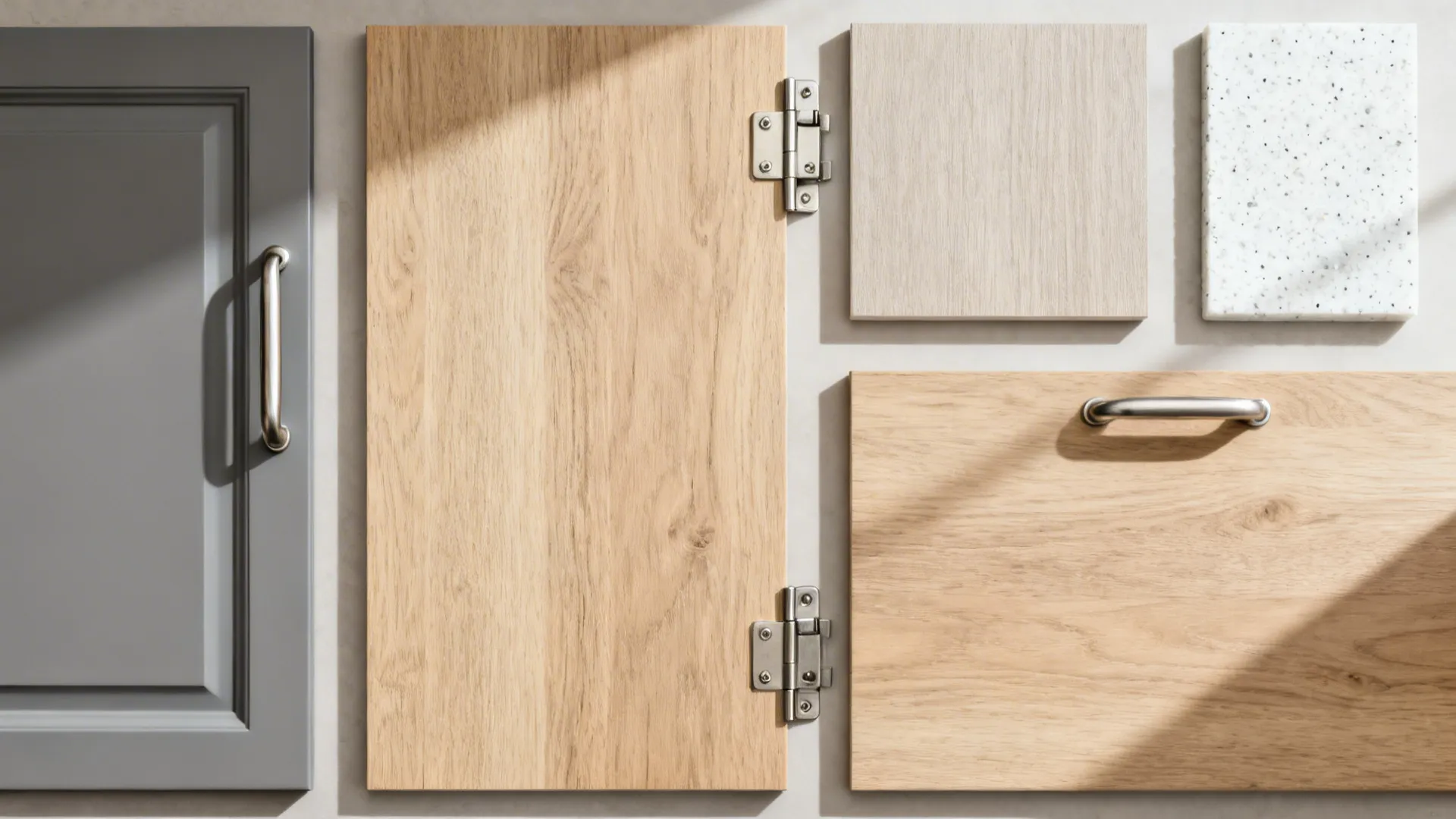 Flat lay of matte gray fronts, oak veneer, white quartz, and brushed nickel hardware for a minimalist kitchen.