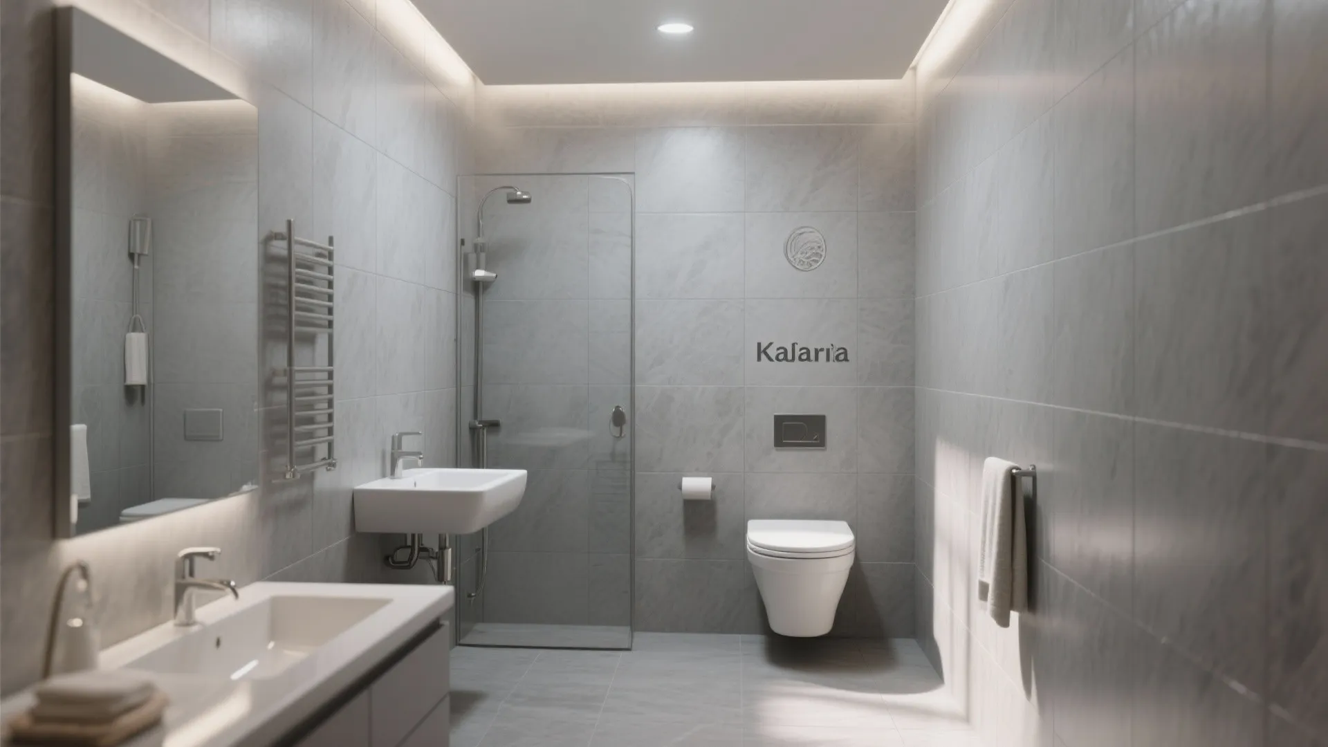 Modern minimalist bathroom with grey tiles glass shower white toilet and sink under soft lighting