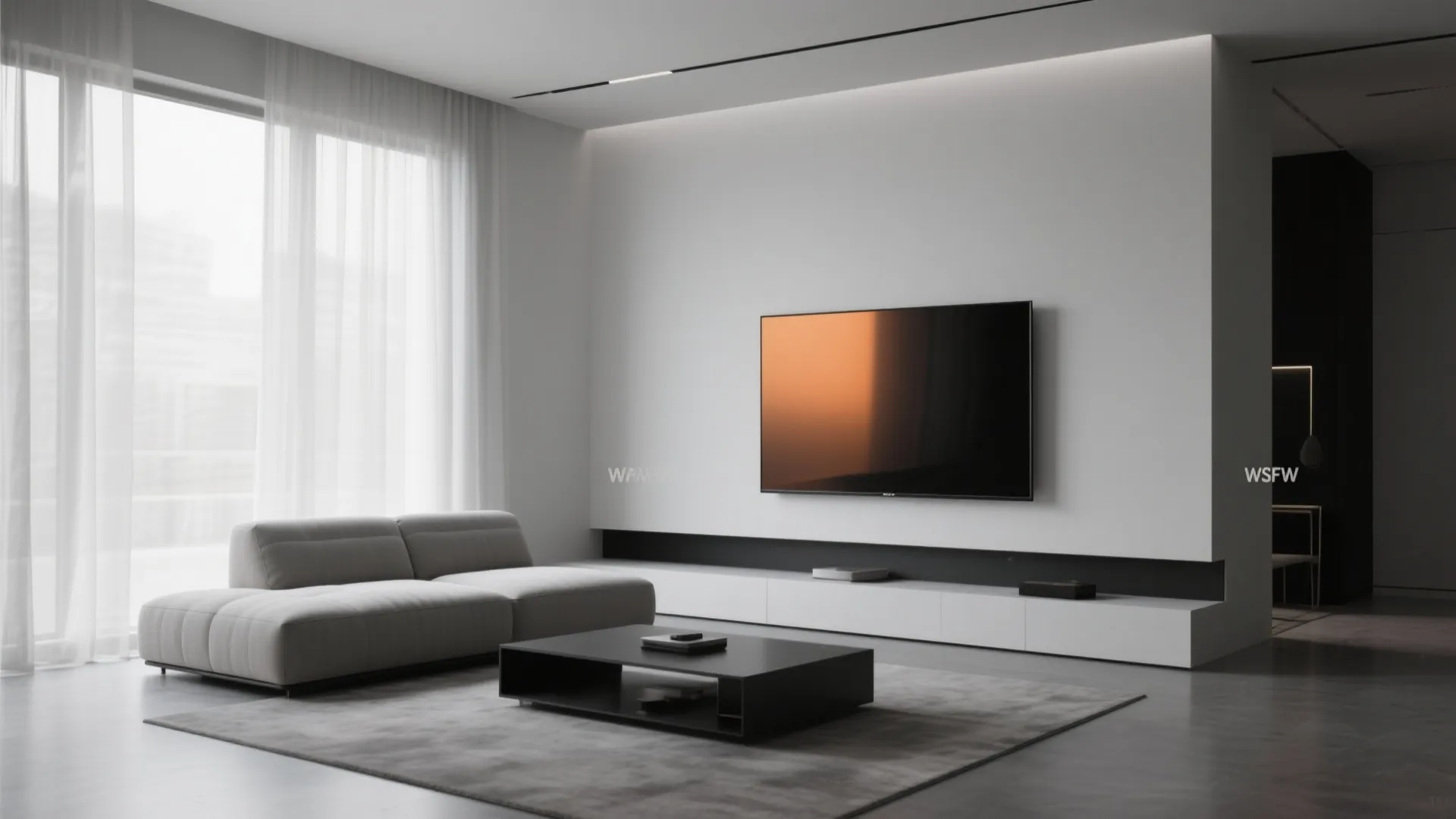Minimalist media lounge with sleek sofa and monochrome decor