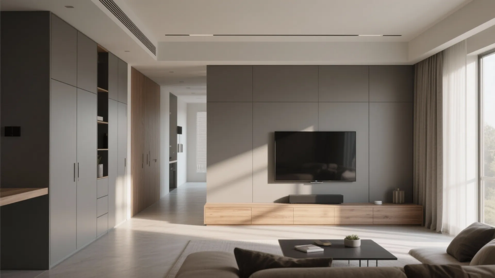 Modern grey living room wall with television plus wooden cabinet and large matching storage units