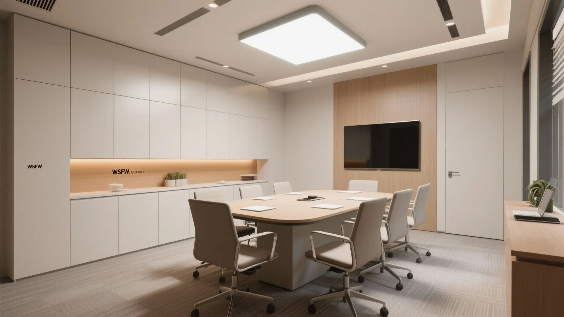 Clean office meeting room with white storage cabinets wooden table and wall mounted television screen
