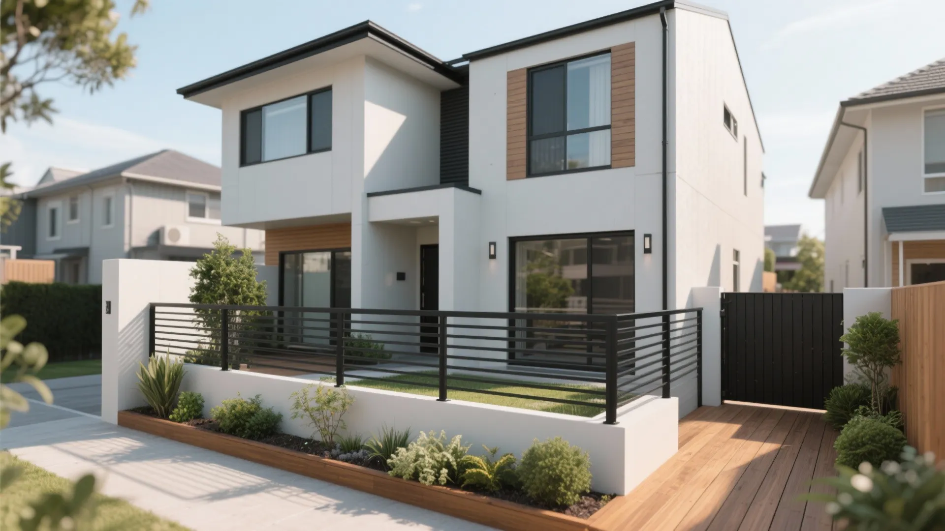 Modern two story house featuring black metal railing around a small garden and wood deck