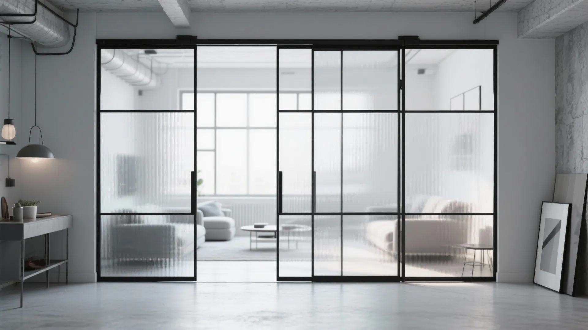 Modern black metal sliding glass door separating a white living room and a bright office
