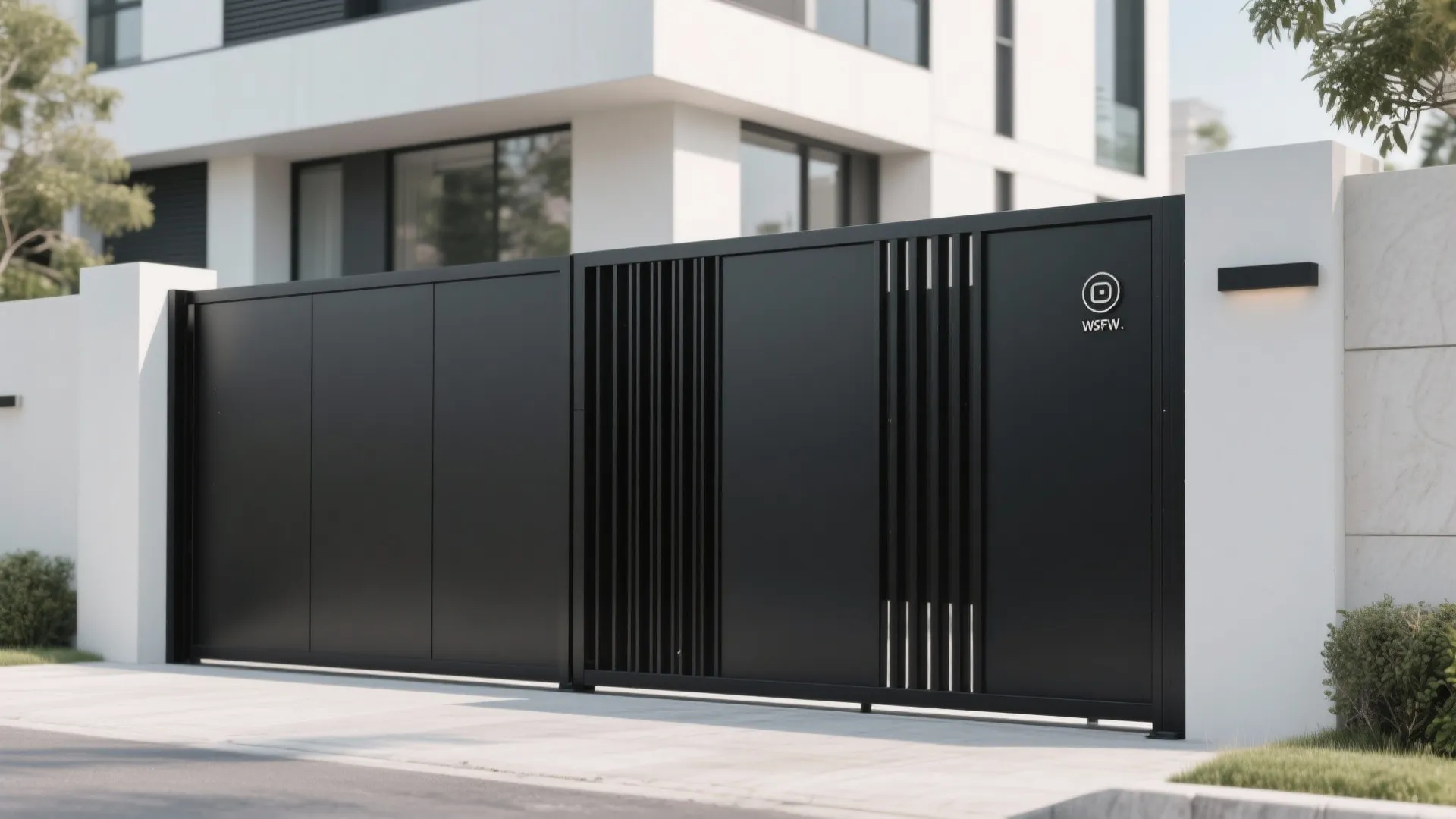 Sleek minimalist black metal sliding gate for a modern house with white exterior wall panels
