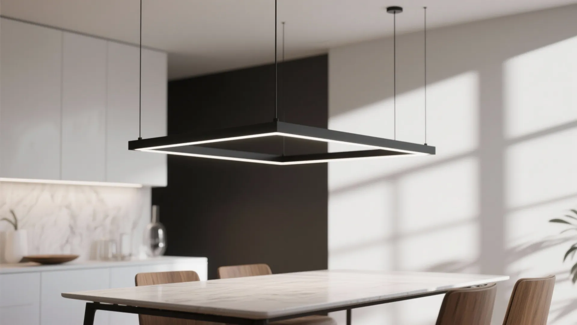 Modern dining room with square black ceiling light over a marble table and wooden chairs