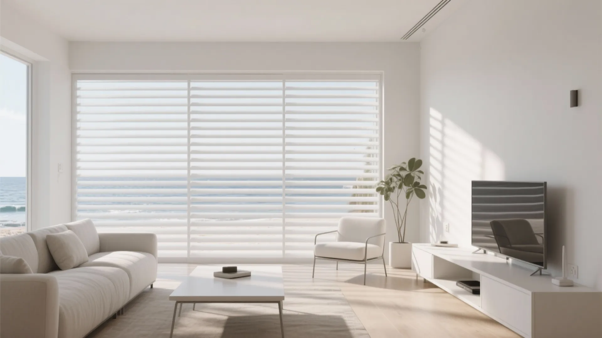 Modern bright living room with white sofa coffee table television plant and large white window blinds