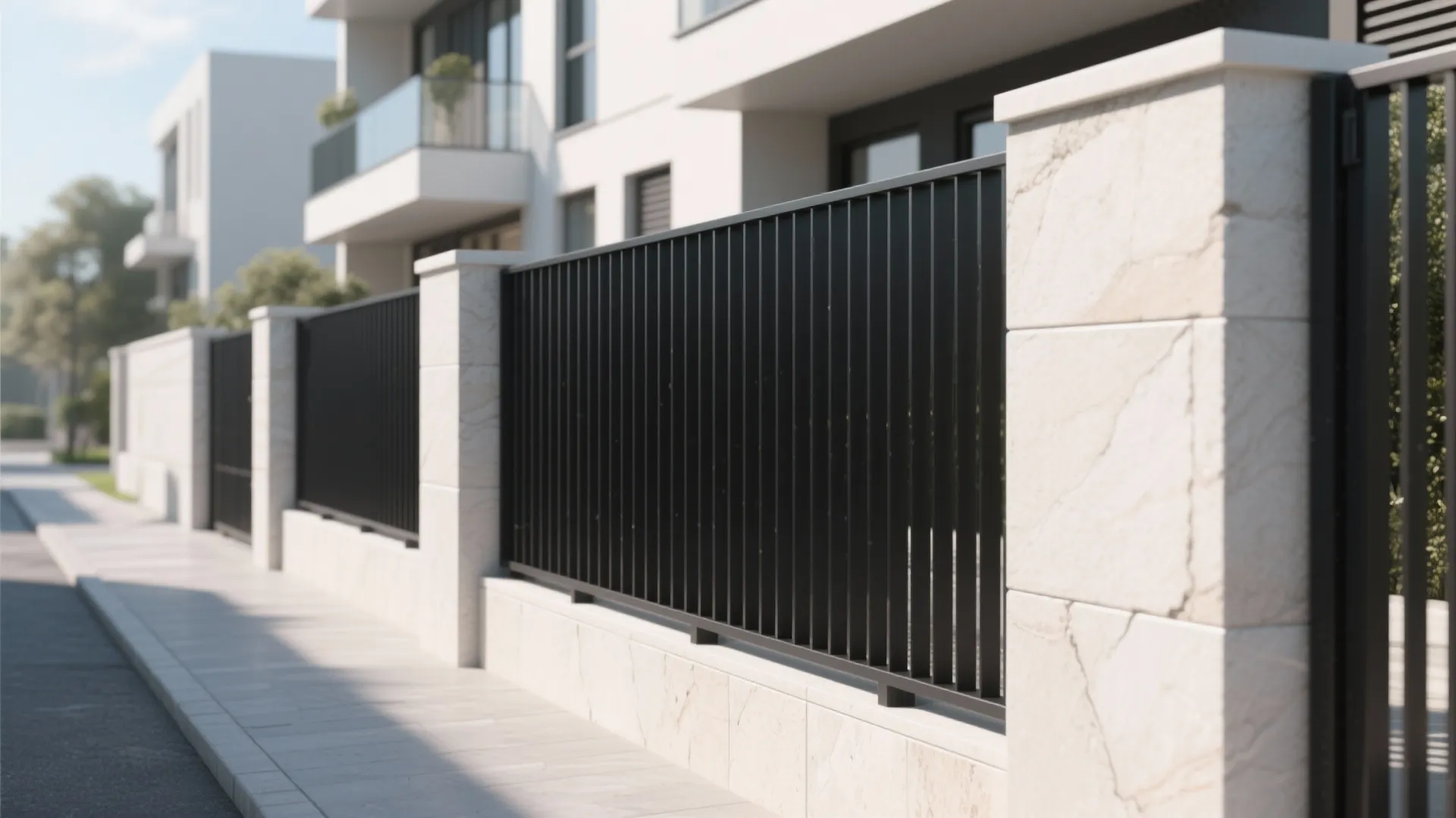 Black metal fence on a white stone wall in front of a modern apartment building exterior