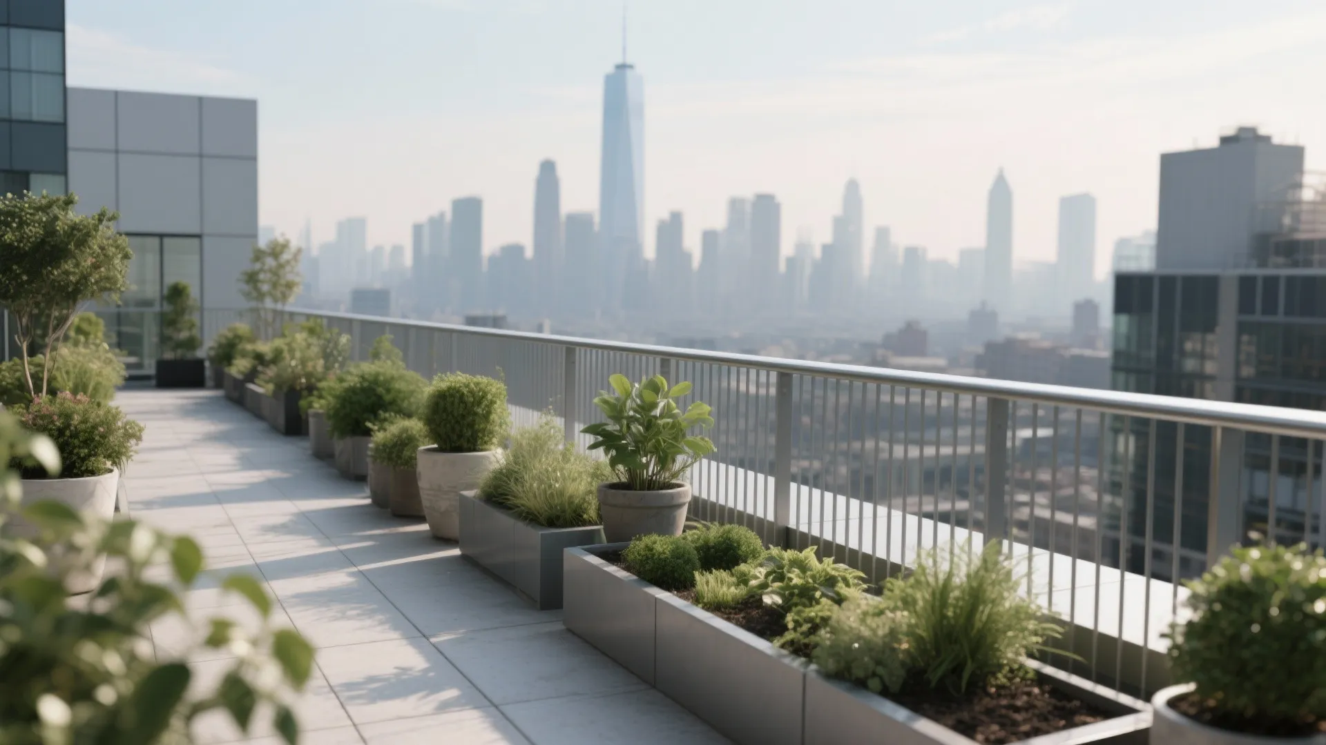 Long rooftop terrace featuring minimalist metal railings grey planters green bushes and city skyline view