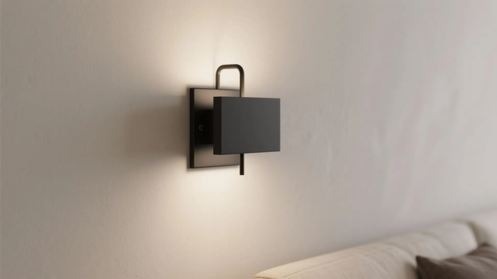 Minimalist matte-black metal wall sconce on neutral wall