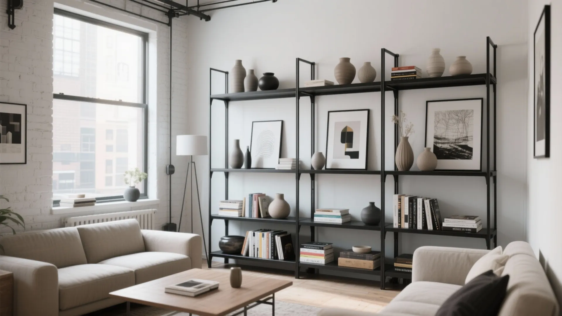 Black steel-framed minimalist shelving in bright living room