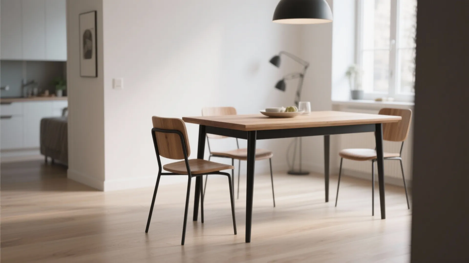 Minimalist rectangular wooden dining table with black metal legs and matching chairs in bright room