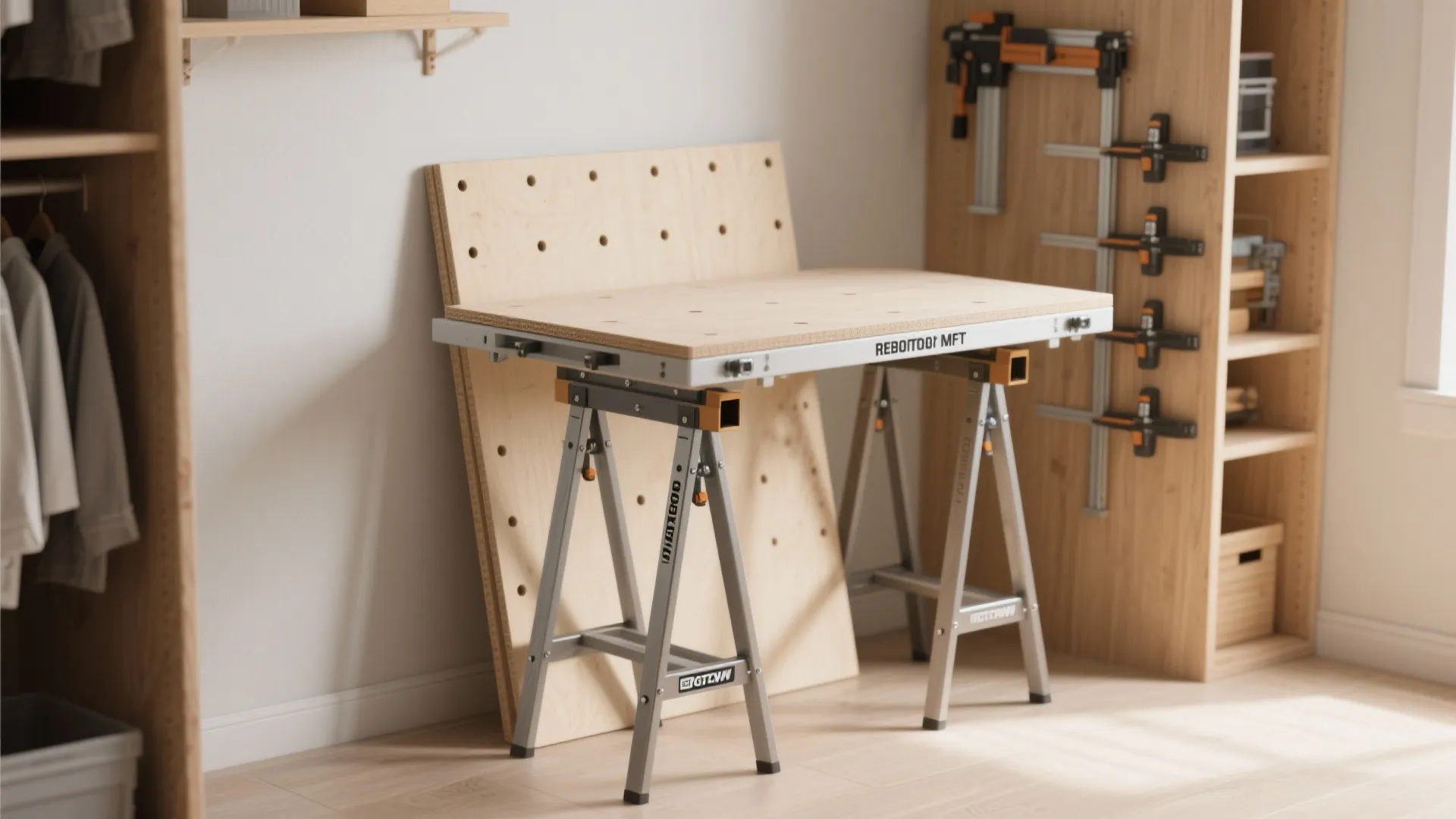Minimalist removable MFT top stored vertically with sawhorses and dedicated storage in a small apartment.