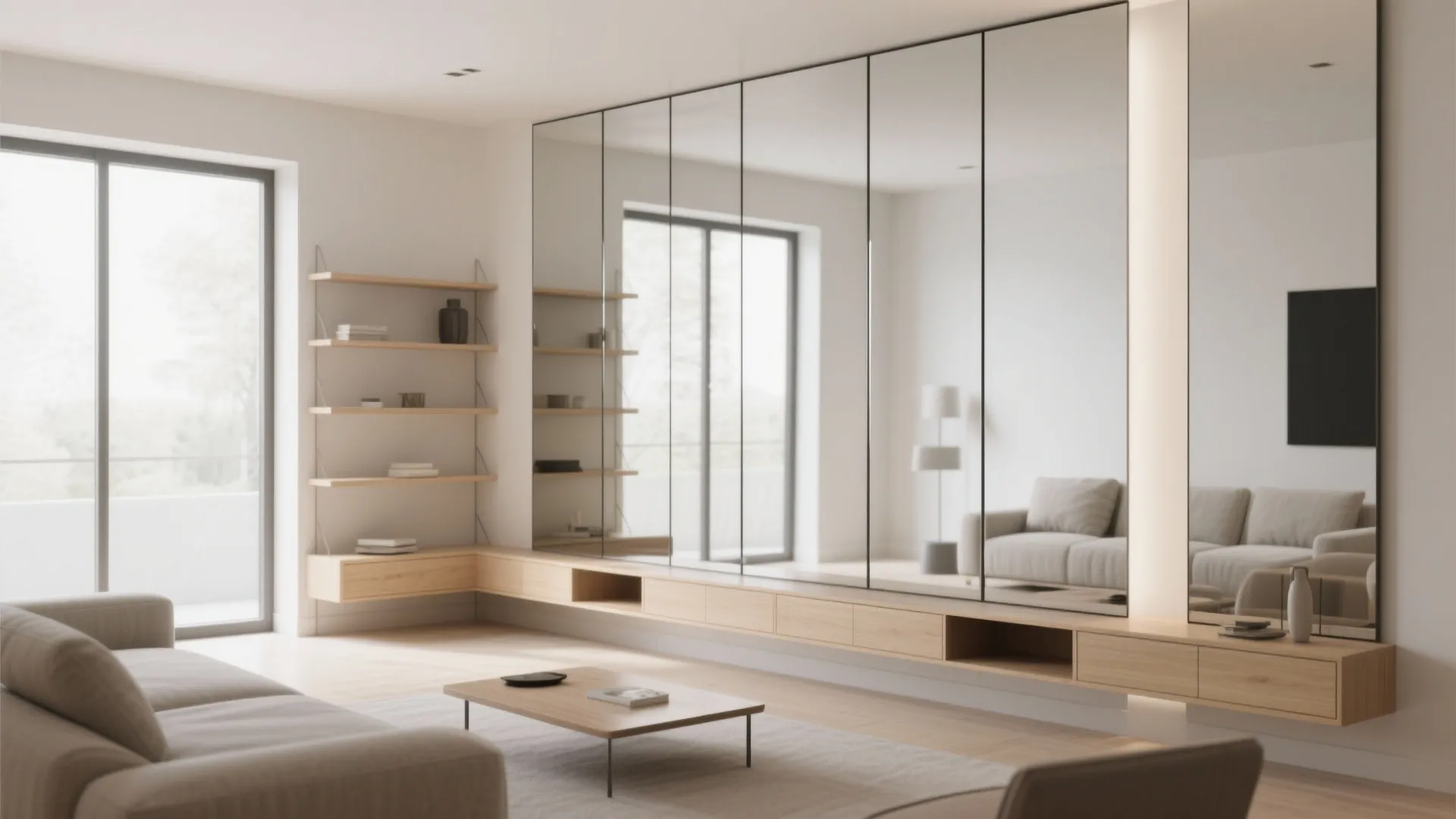 Minimalist living room with floor-to-ceiling mirror panels