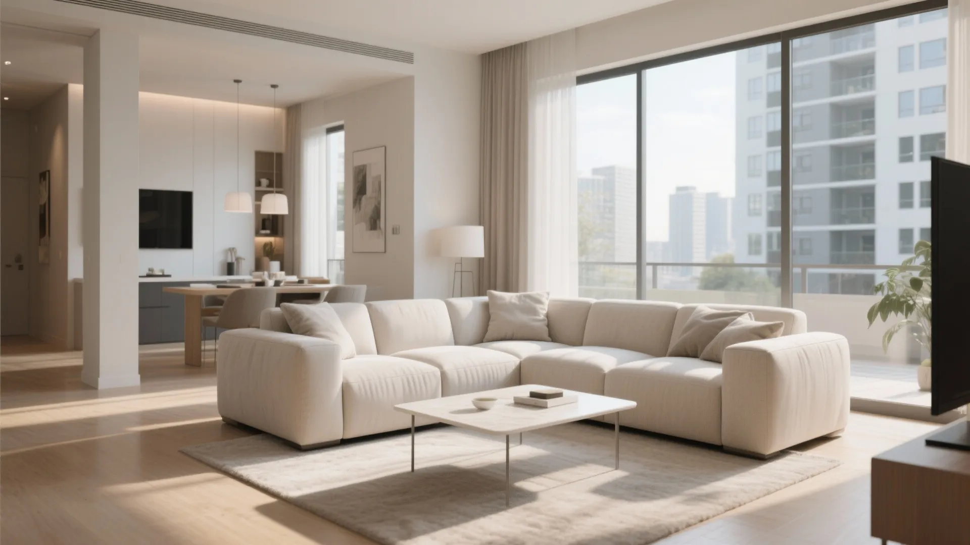 Modern white sectional sofa in an open plan living room with large windows and balcony