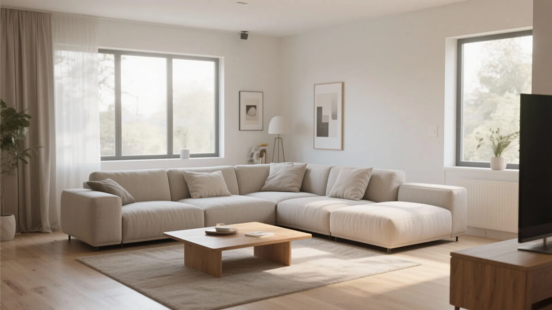 Bright living room with white modular sofa wooden coffee table and large windows for light
