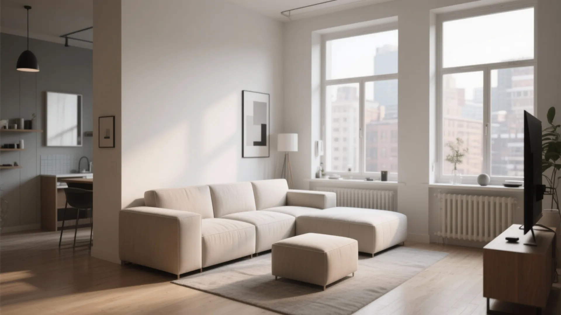 Modern minimalist white sofa with a matching footrest in a bright room with large windows nearby