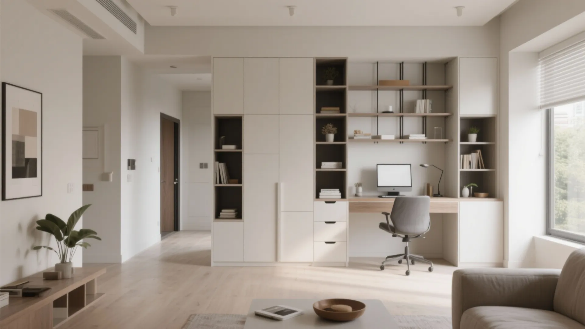 Minimalist white cabinet and desk unit with wooden shelves in a clean home office layout