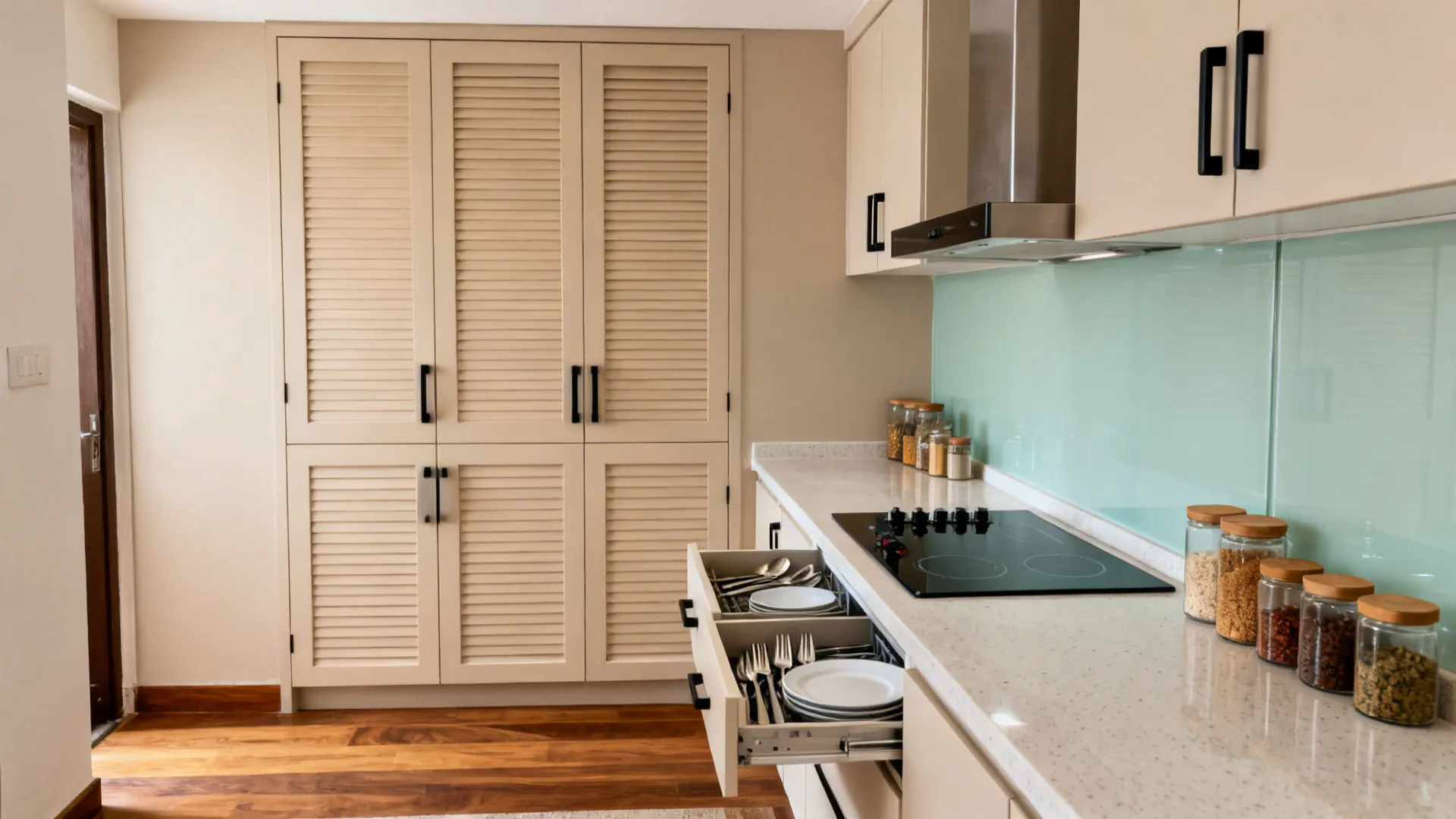 Minimalist modular kitchen with tall pantry units and handle-less light laminates in a compact space.