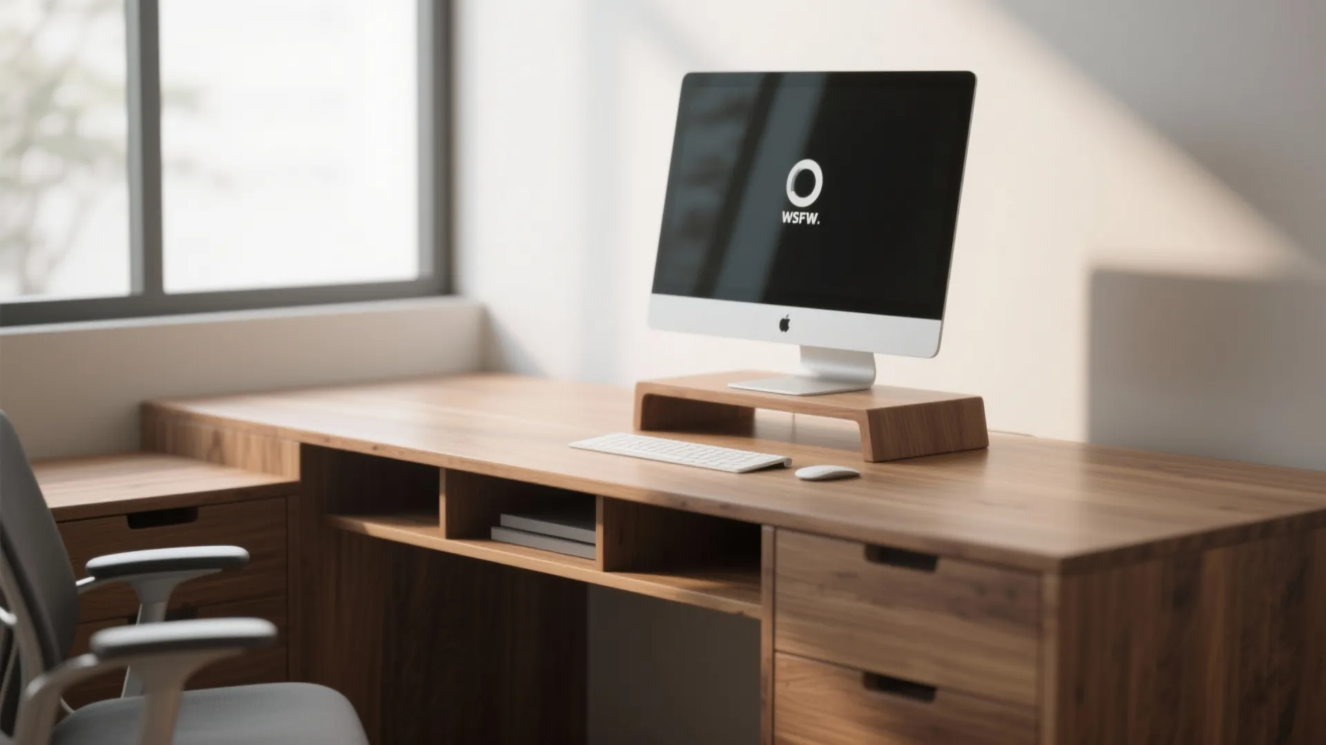 Wooden computer monitor stand on a large wood desk with a computer and office chair