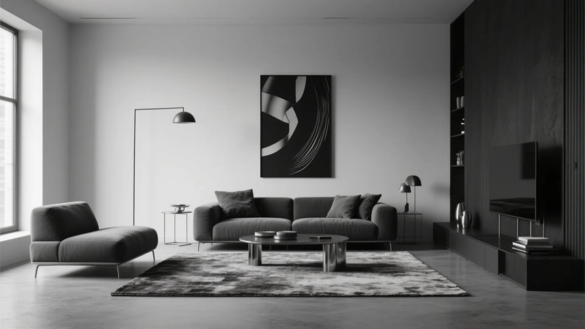 Modern minimalist black and white living room with grey sofa and rug plus round table