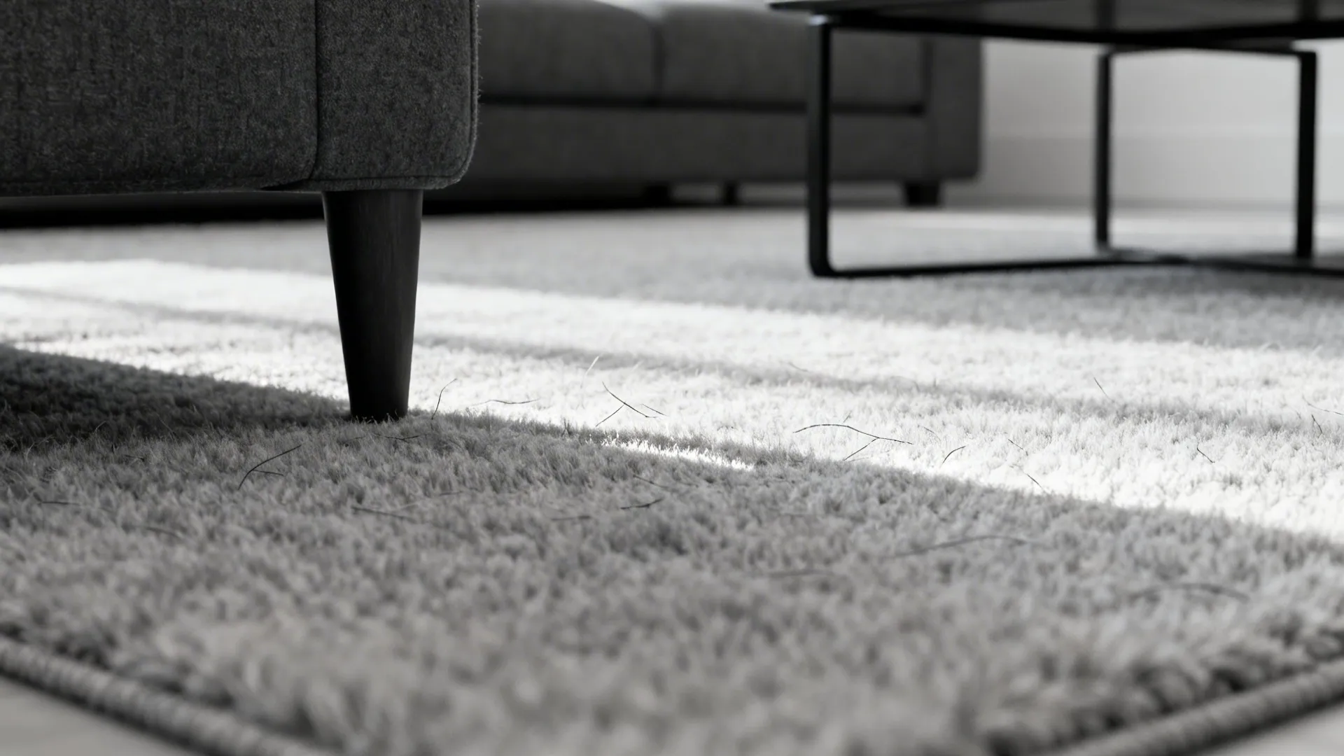 Macro view of a low-pile light grey wool rug with charcoal sofa leg blurred in background.