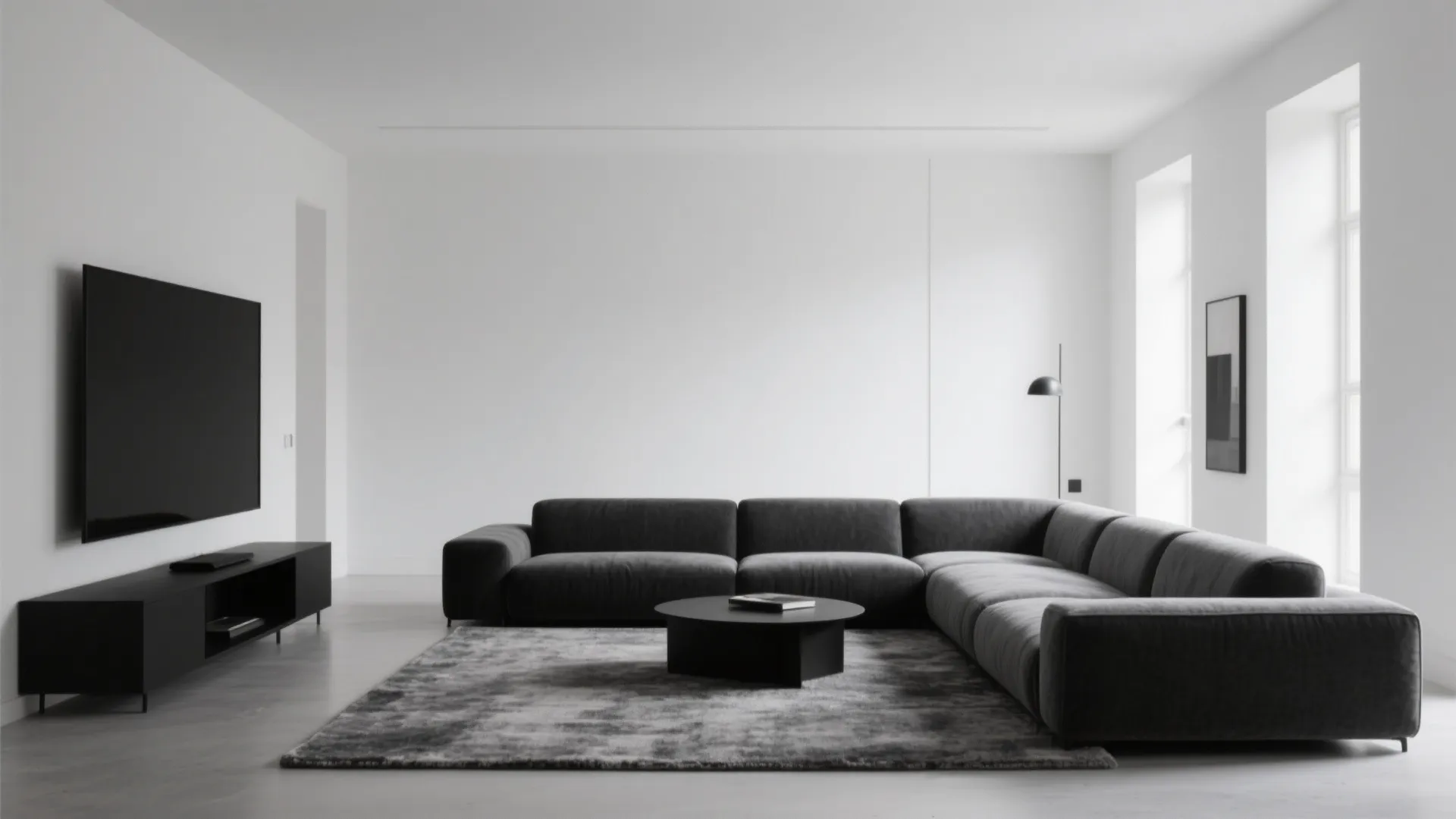 Minimalist black, gray, and white living room with tactile textures