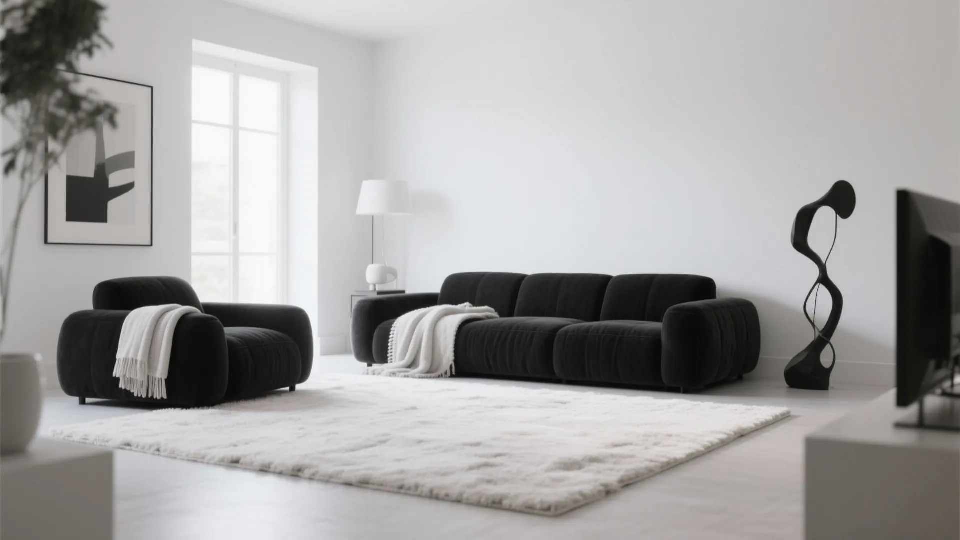 Black sofa in white minimalist living room with textures