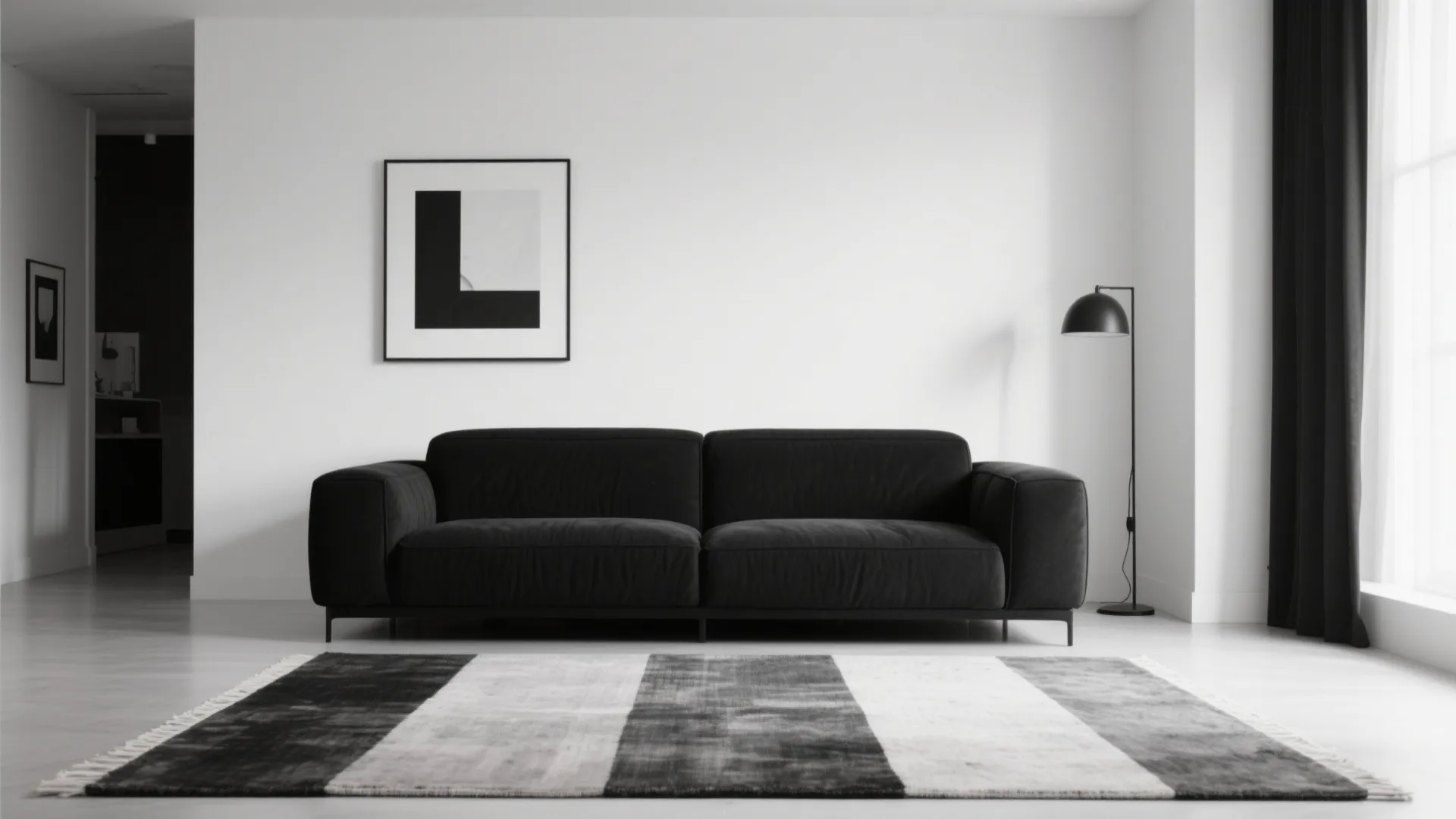 Minimalist monochrome living room with black sofa and layered rugs