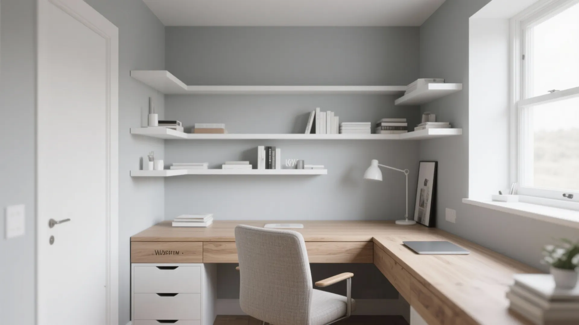 Minimalist grey home office with wooden corner desk white wall shelves and a grey chair