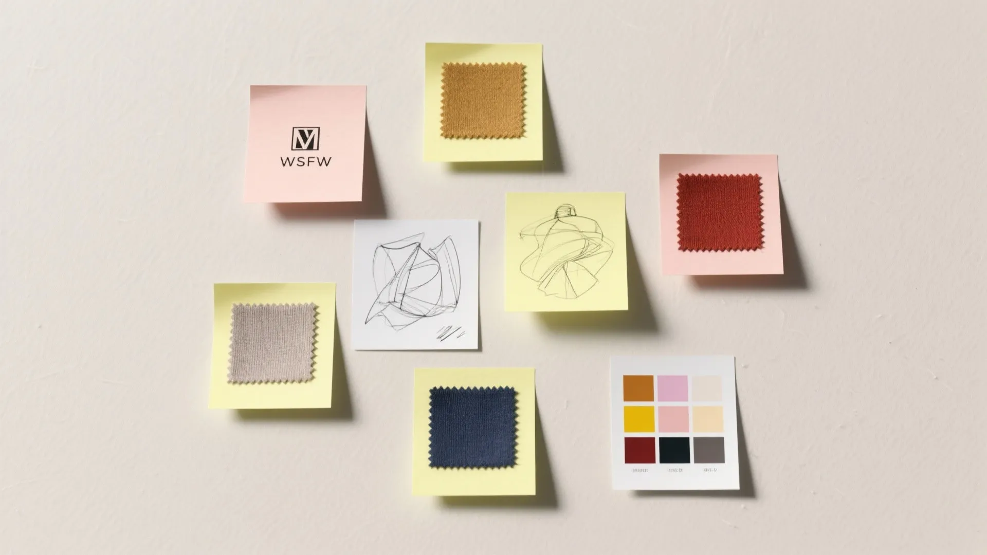 Flat lay of minimalist sticky note mood board with swatches